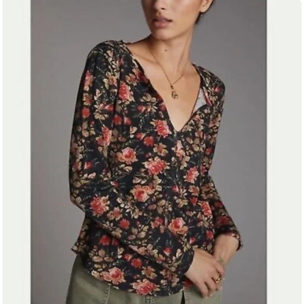 Anthropologie Pilcro floral print split neck waffle knit casual top boho artsy